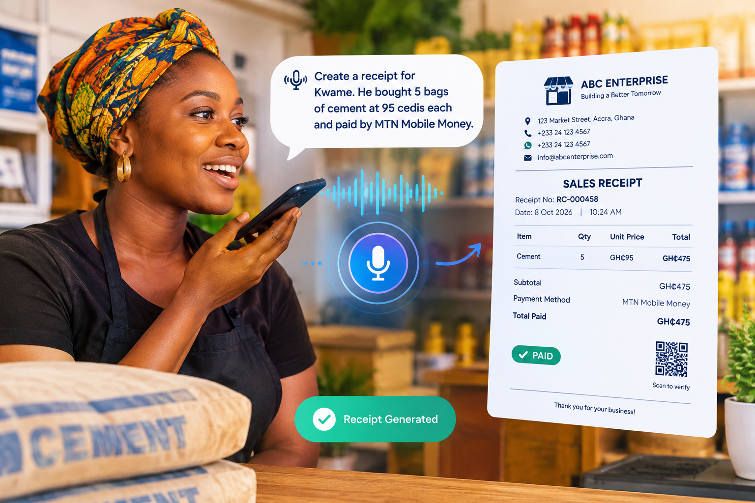 A shop owner creating a sales receipt by speaking into her phone — VoiceReceipt AI generates the receipt instantly